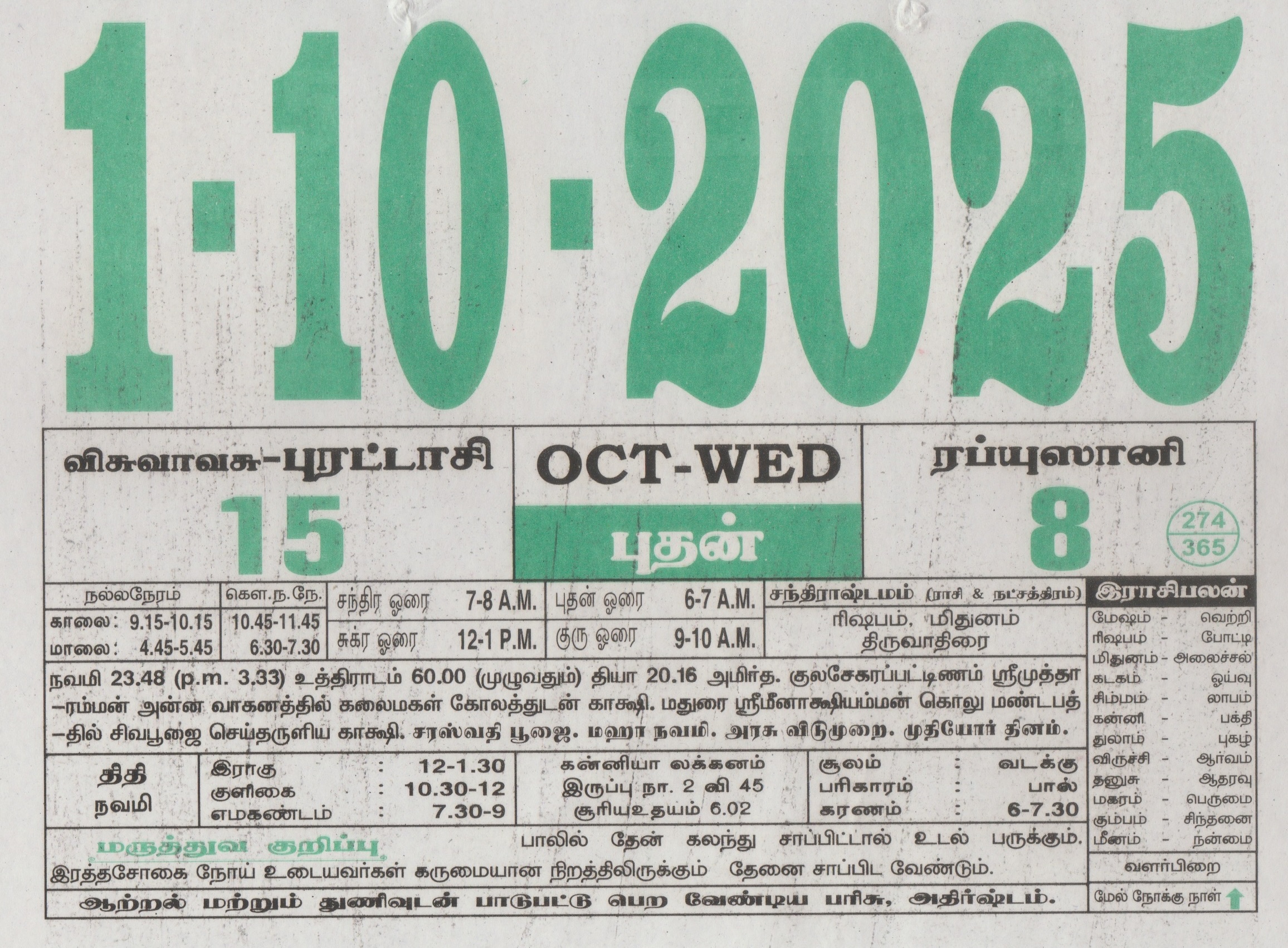 Tamil Calendar 01-10-2025