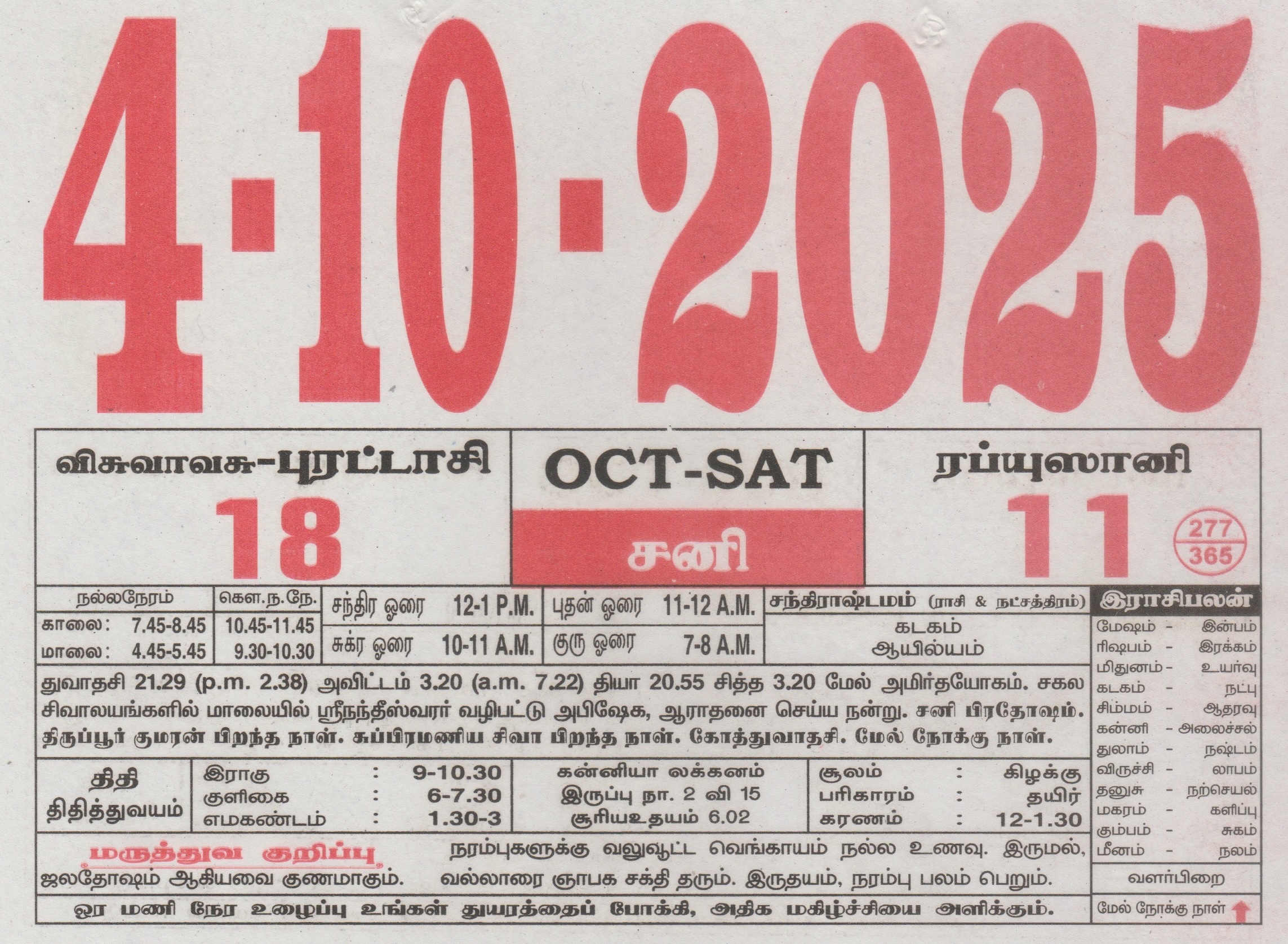 Tamil Calendar 04-10-2025