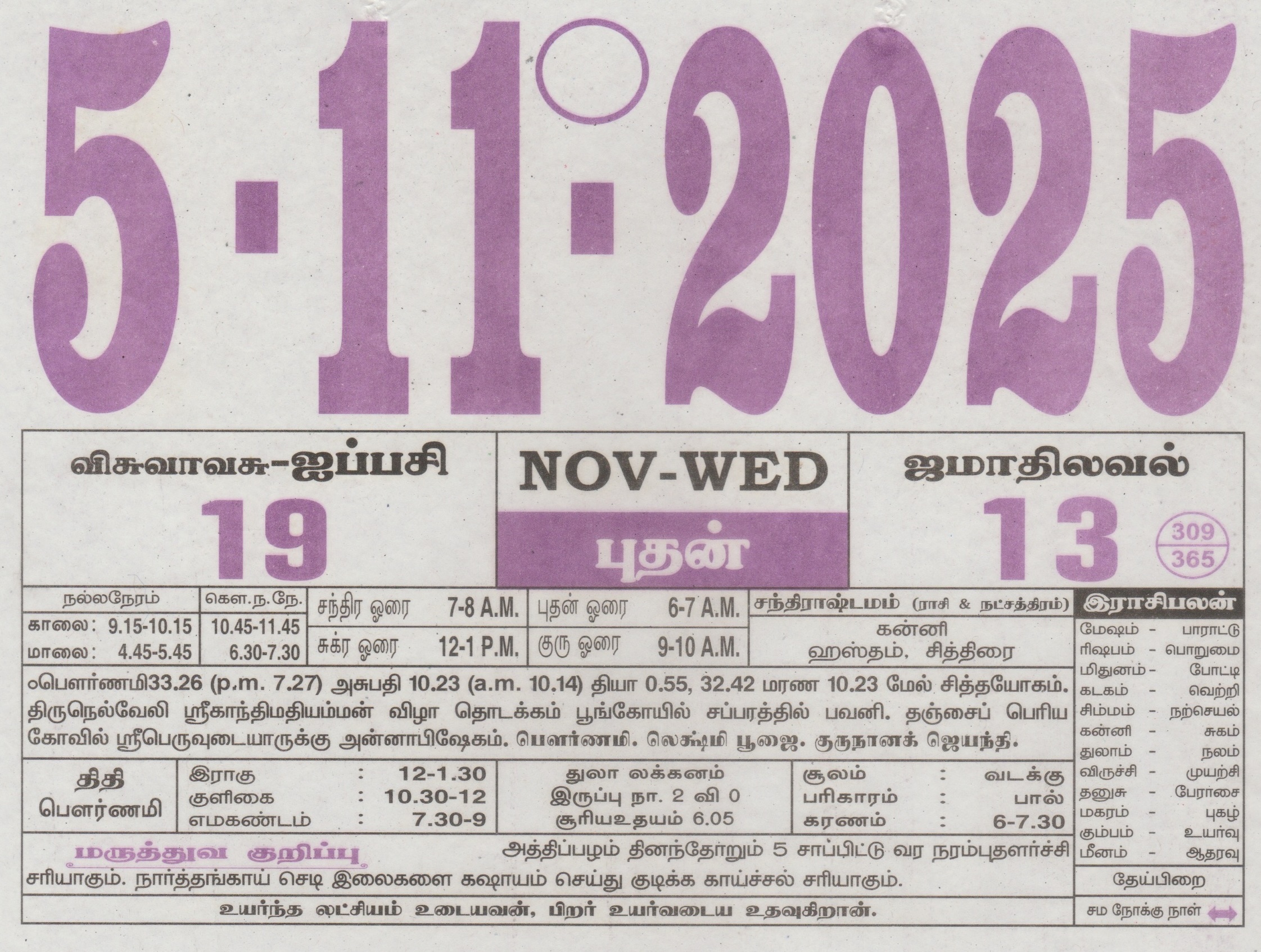 Tamil Calendar 05-11-2025