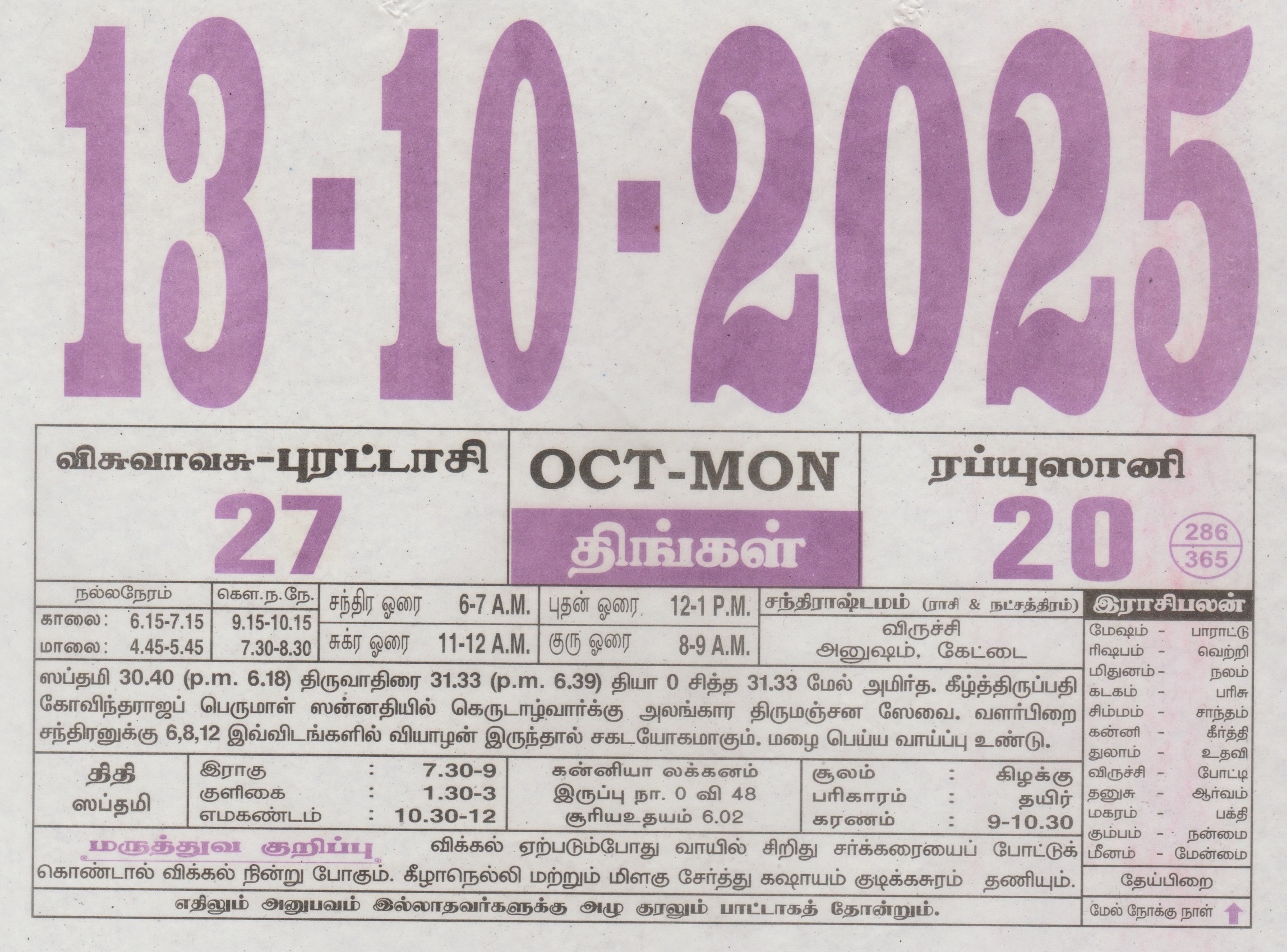 Tamil Calendar 13-10-2025