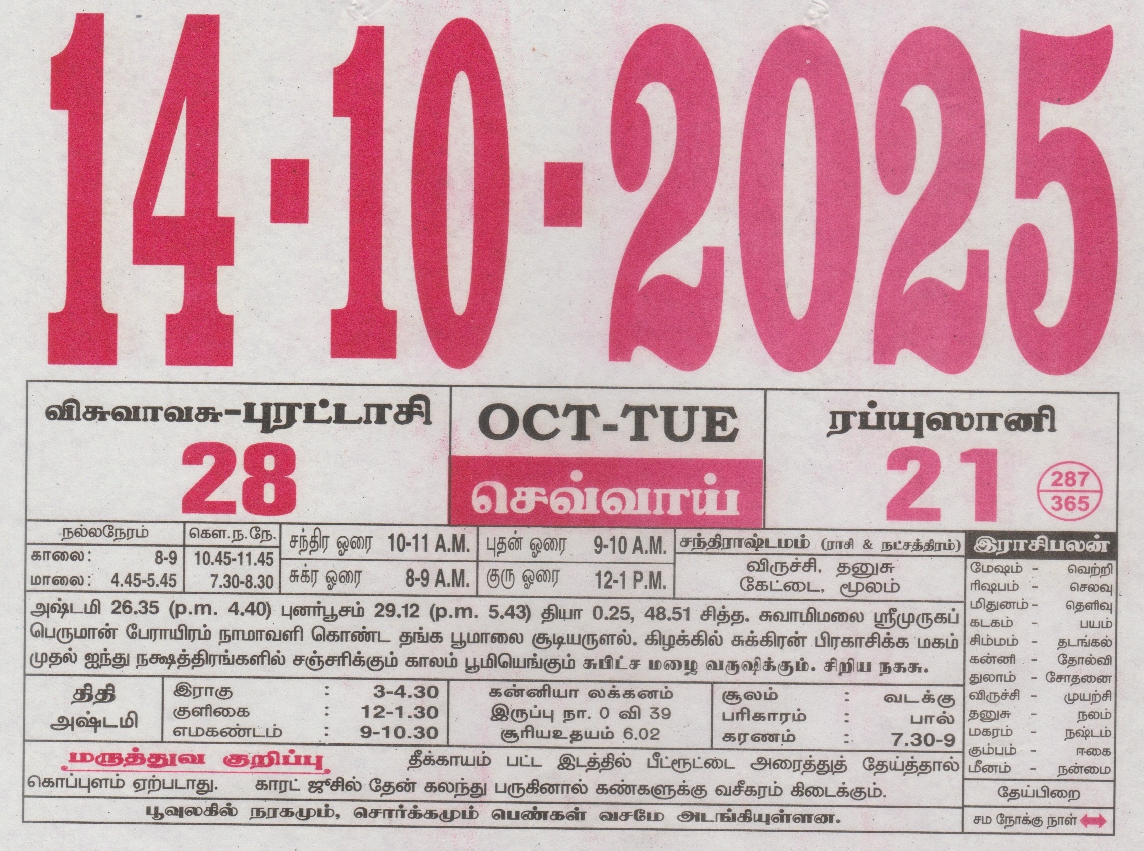 Tamil Calendar 14-10-2025