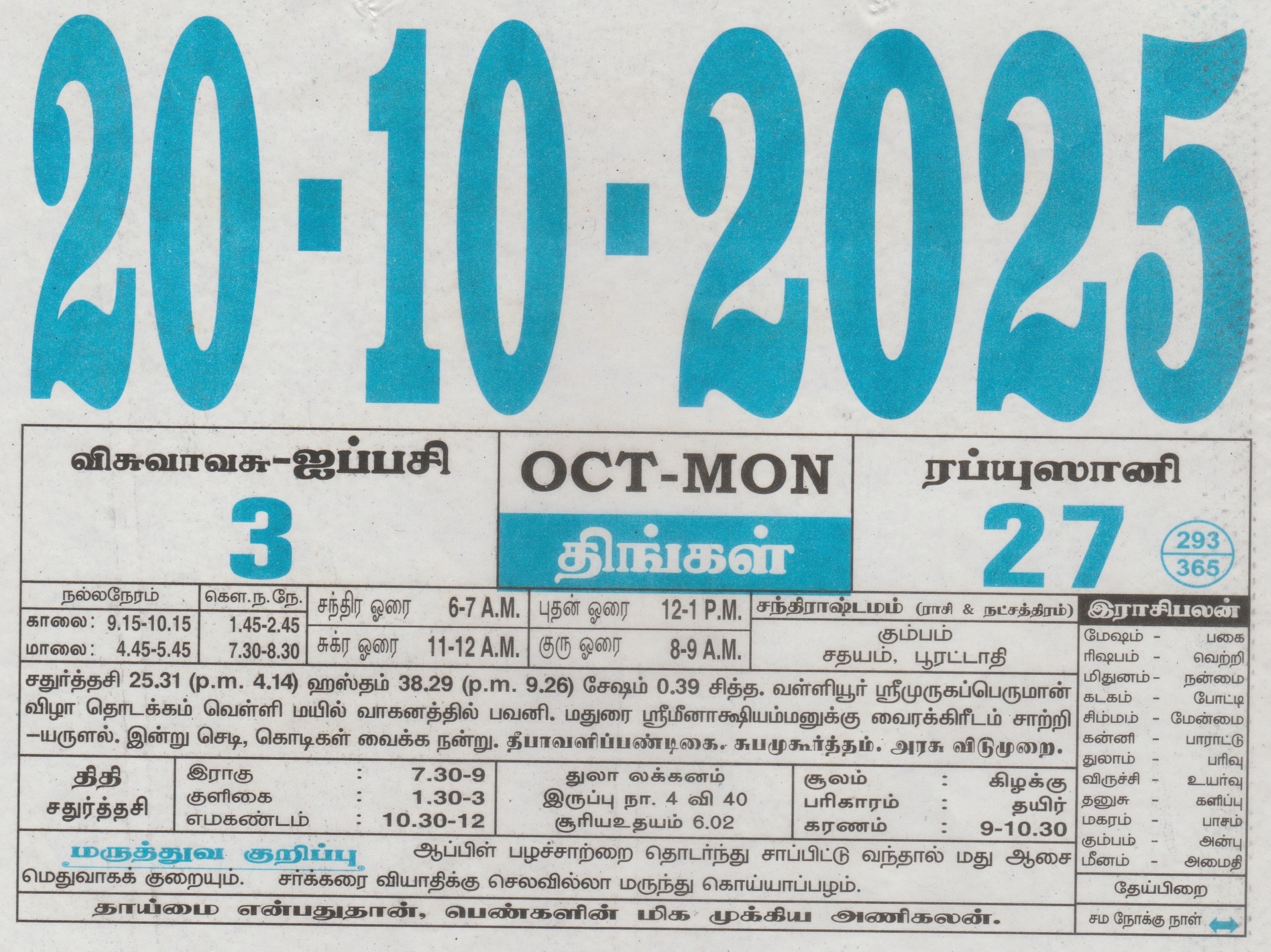 Tamil Calendar 20-10-2025