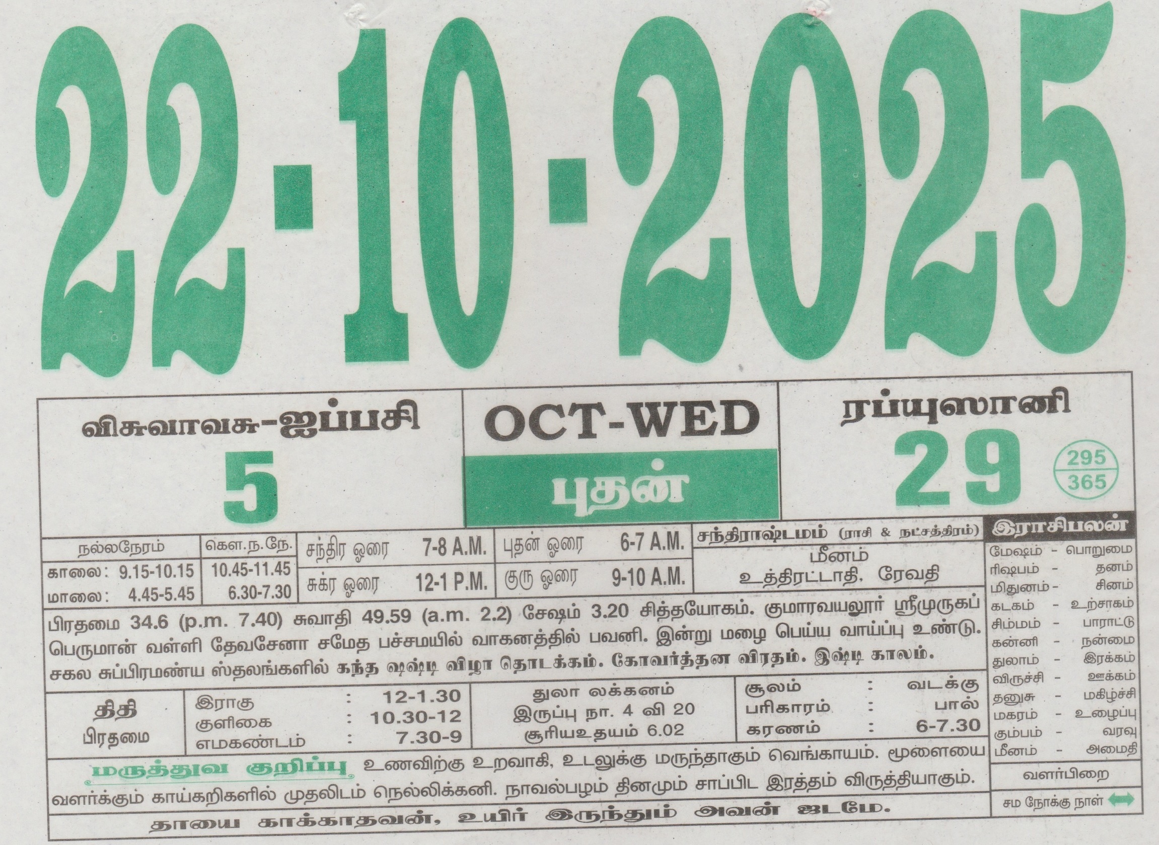 Tamil Calendar 22-10-2025