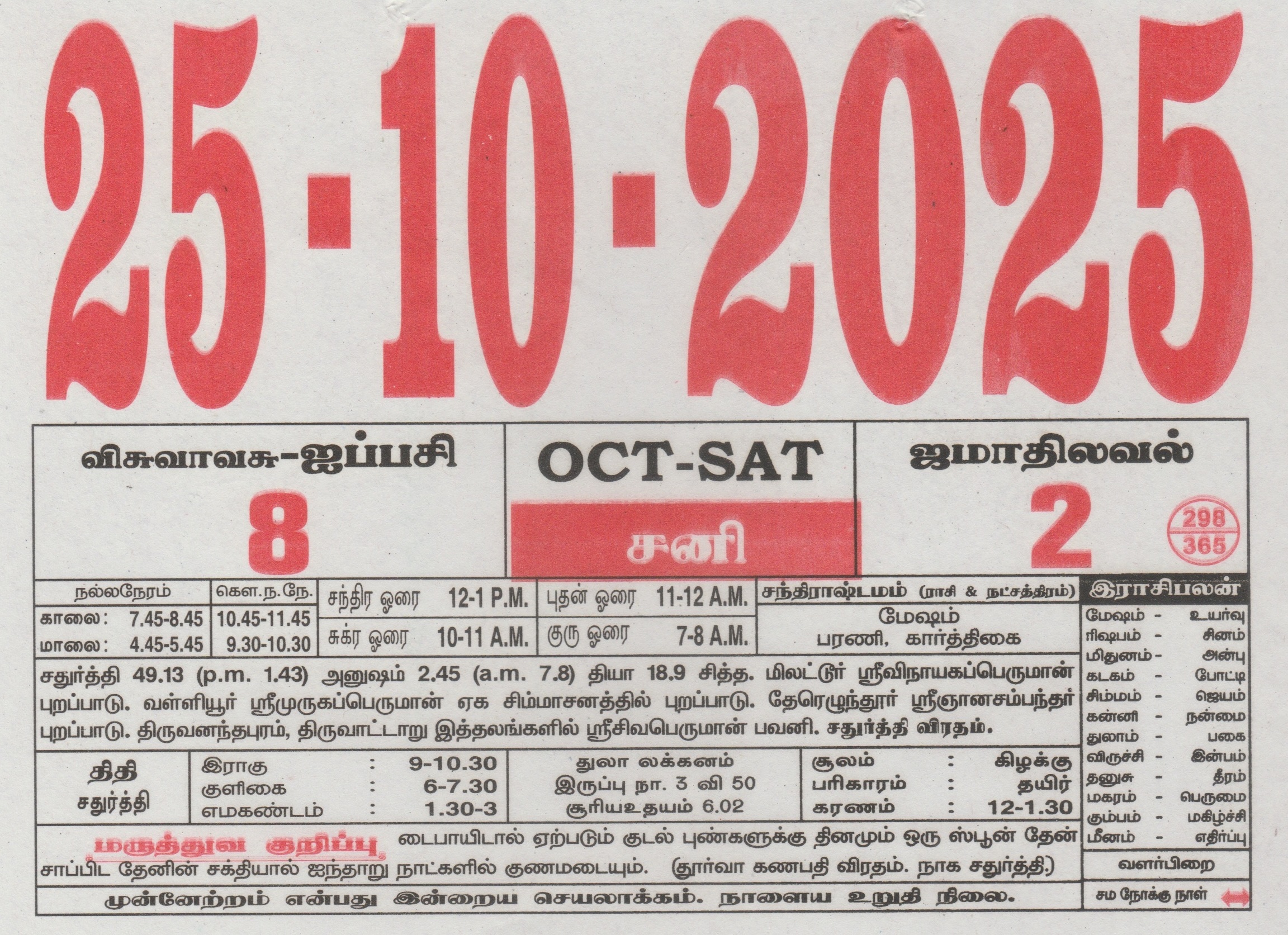 Tamil Calendar 25-10-2025